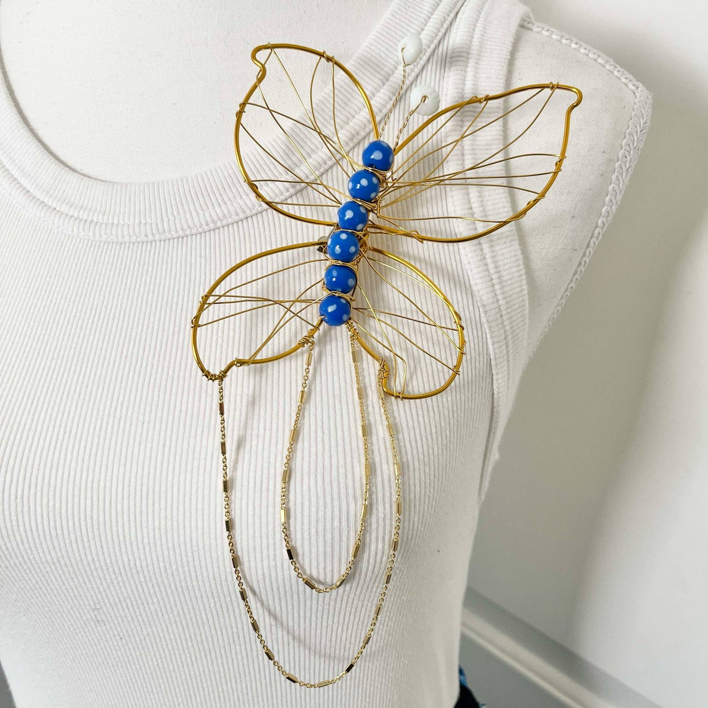 Handmade Oversized Butterfly Brooch, One-of-a-Kind w/ Vintage Beads & Gold Chain