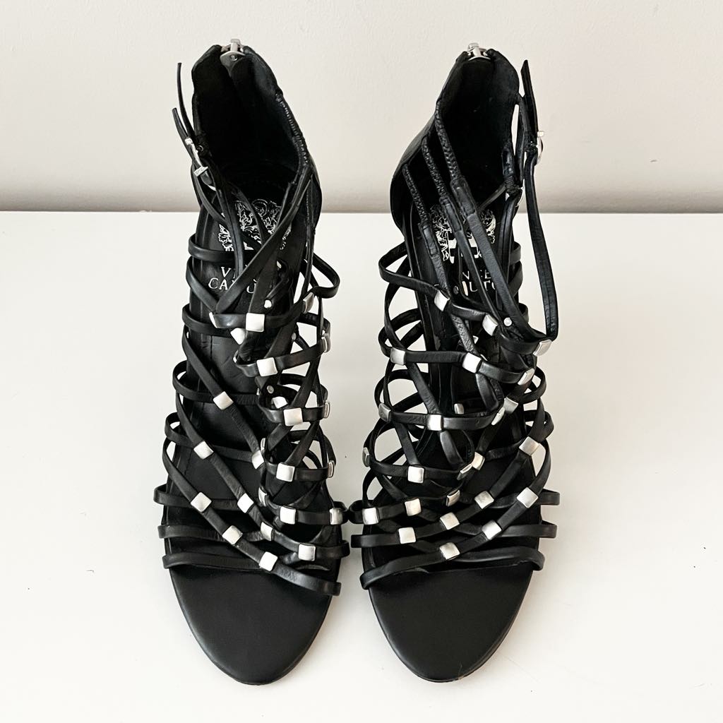 Vince Camuto Elegant & Edgy Black Strappy Gladiator Heels w/ Silver Studs, EU 39