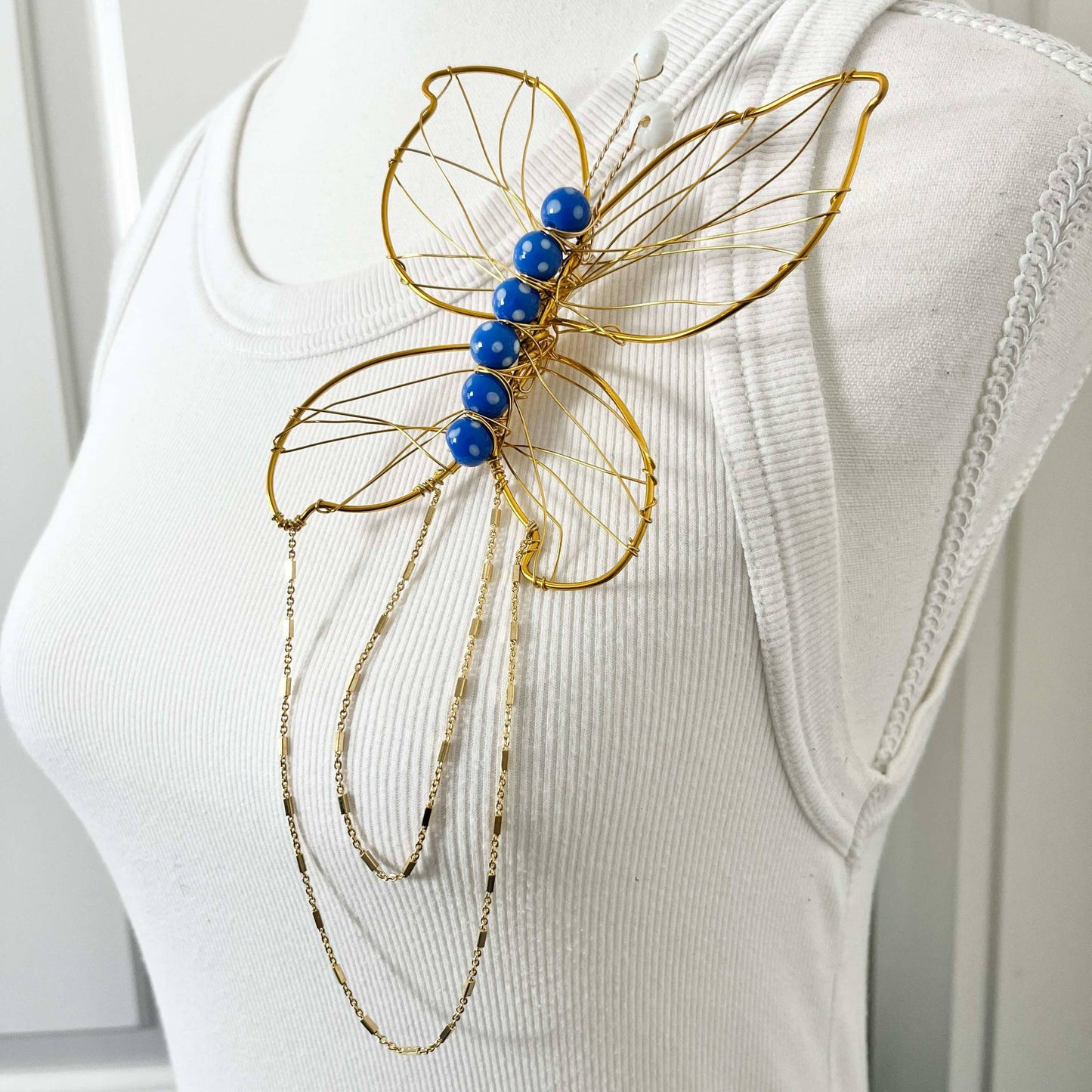 Handmade Oversized Butterfly Brooch, One-of-a-Kind w/ Vintage Beads & Gold Chain