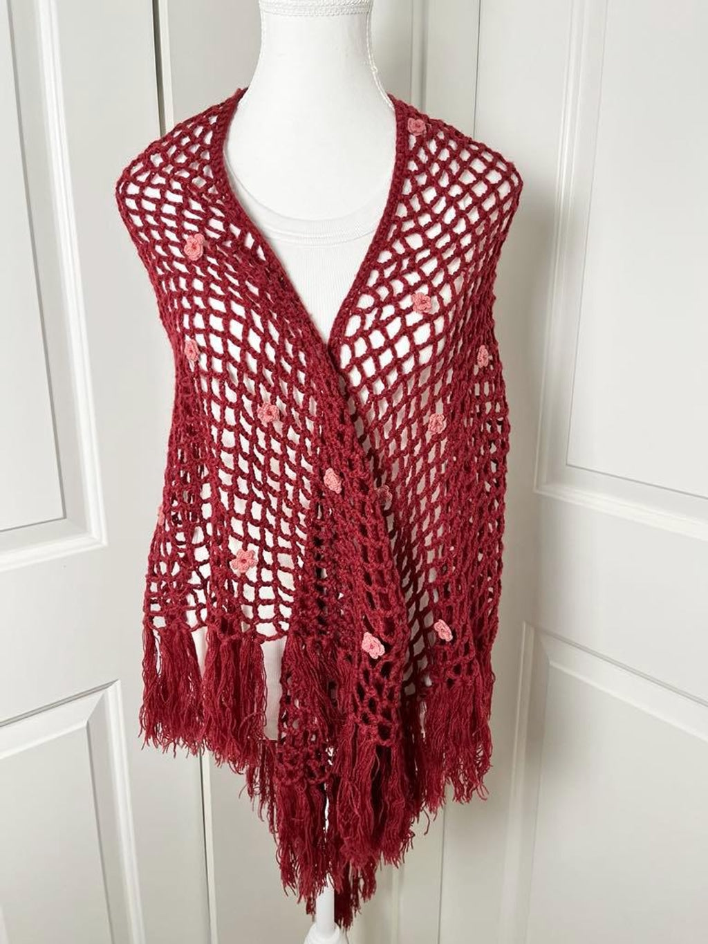 Vintage 90s Betsey Johnson Wool Blend Burgundy Bohemian Crochet Shawl with Crochet Pink Flowers - One Size / Free Size