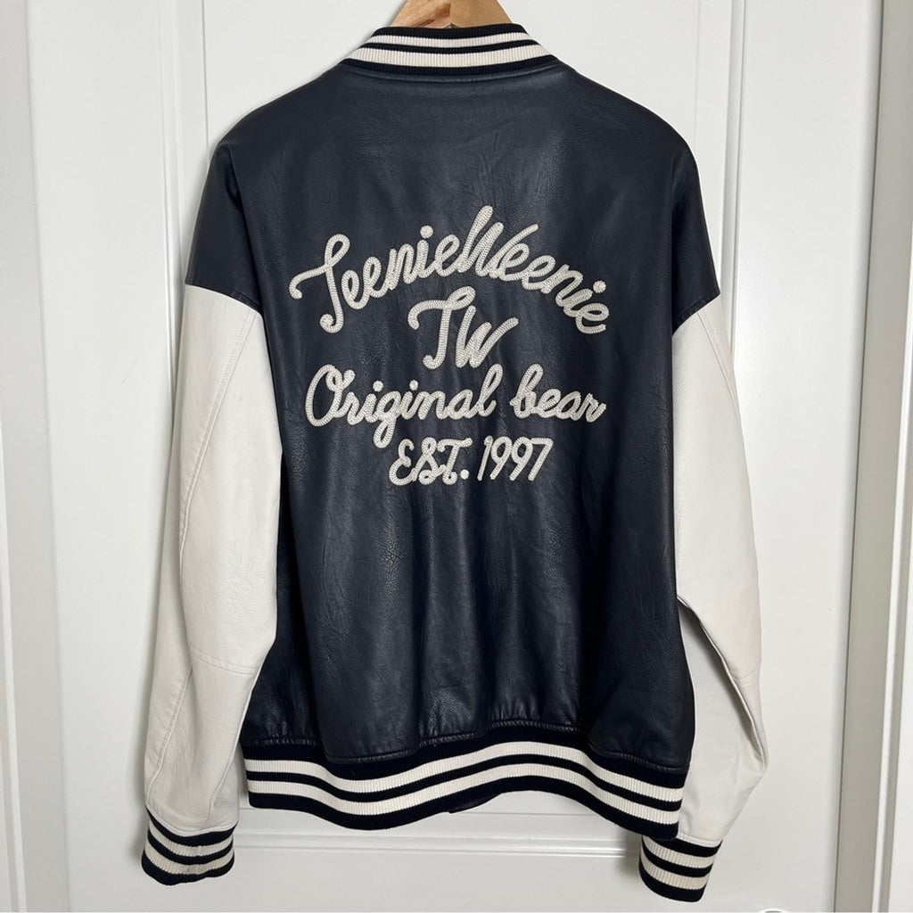 Vintage Y2k Teenie Weenie Vegan Leather Varsity Letterman Jacket-Navy-Size Large