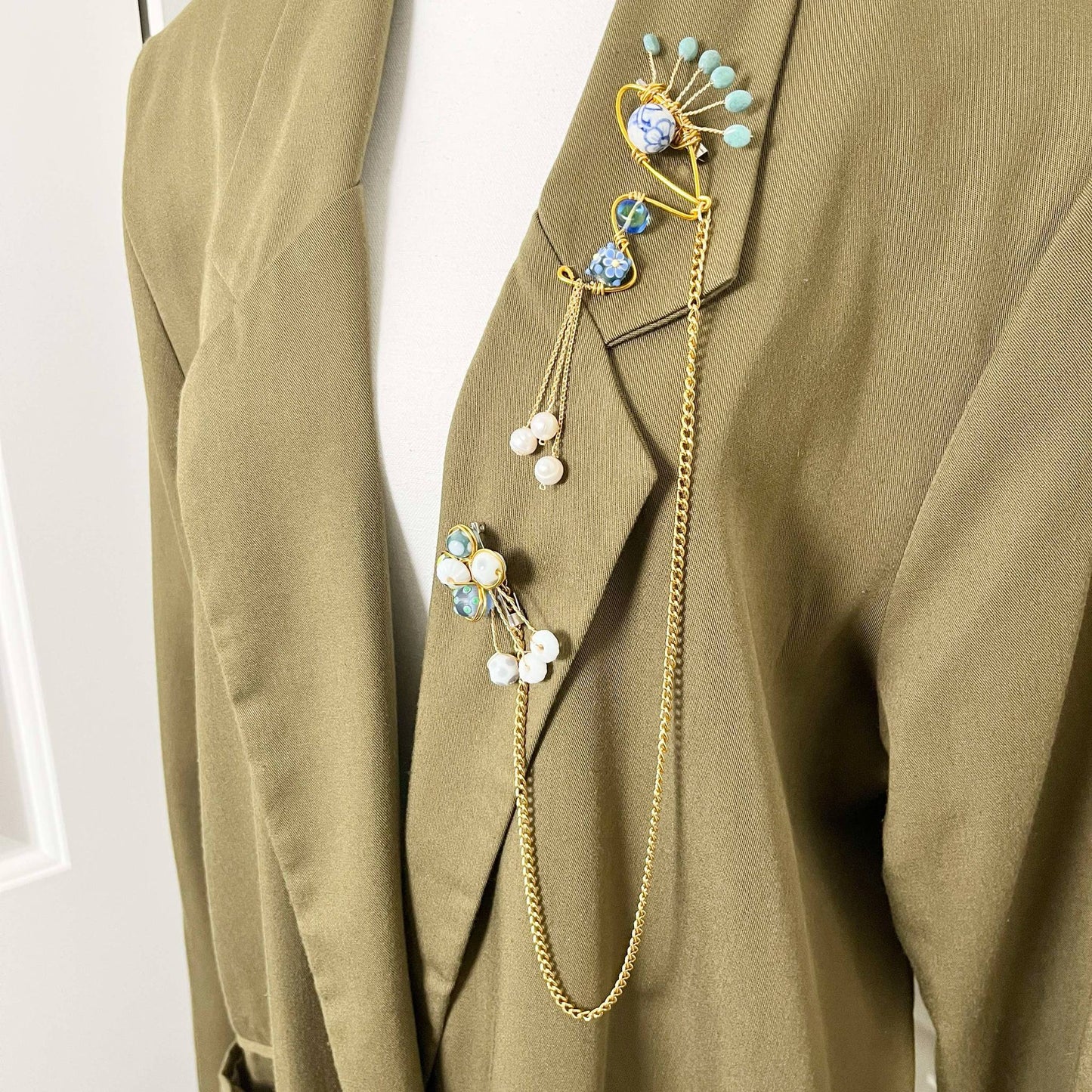 Vintage Lightweight Blazer with Handmade Duette Brooch Set - Olive - Large