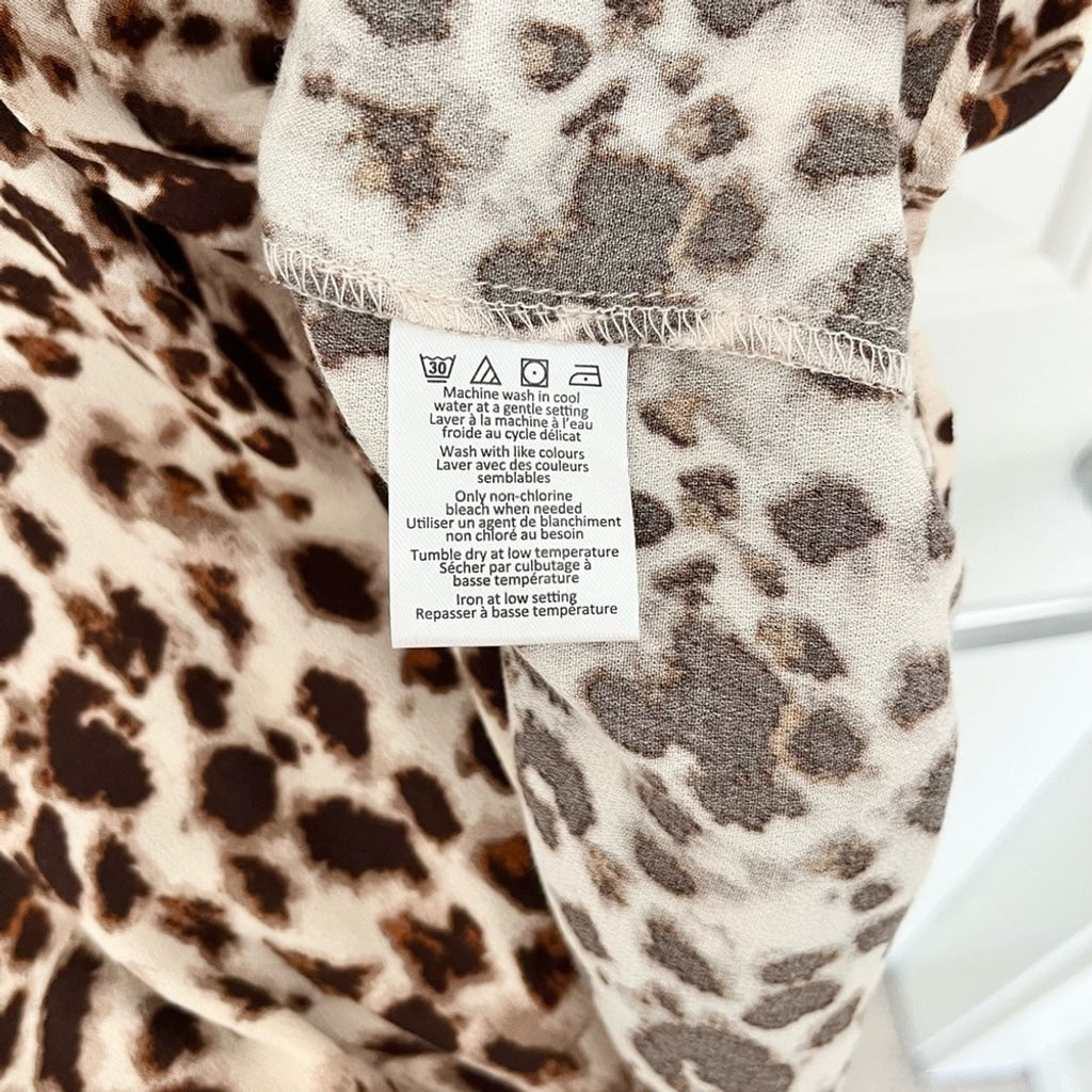 H by Halston Animal Print V-neck Collared Blouse-Brown and Cream-Women Medium