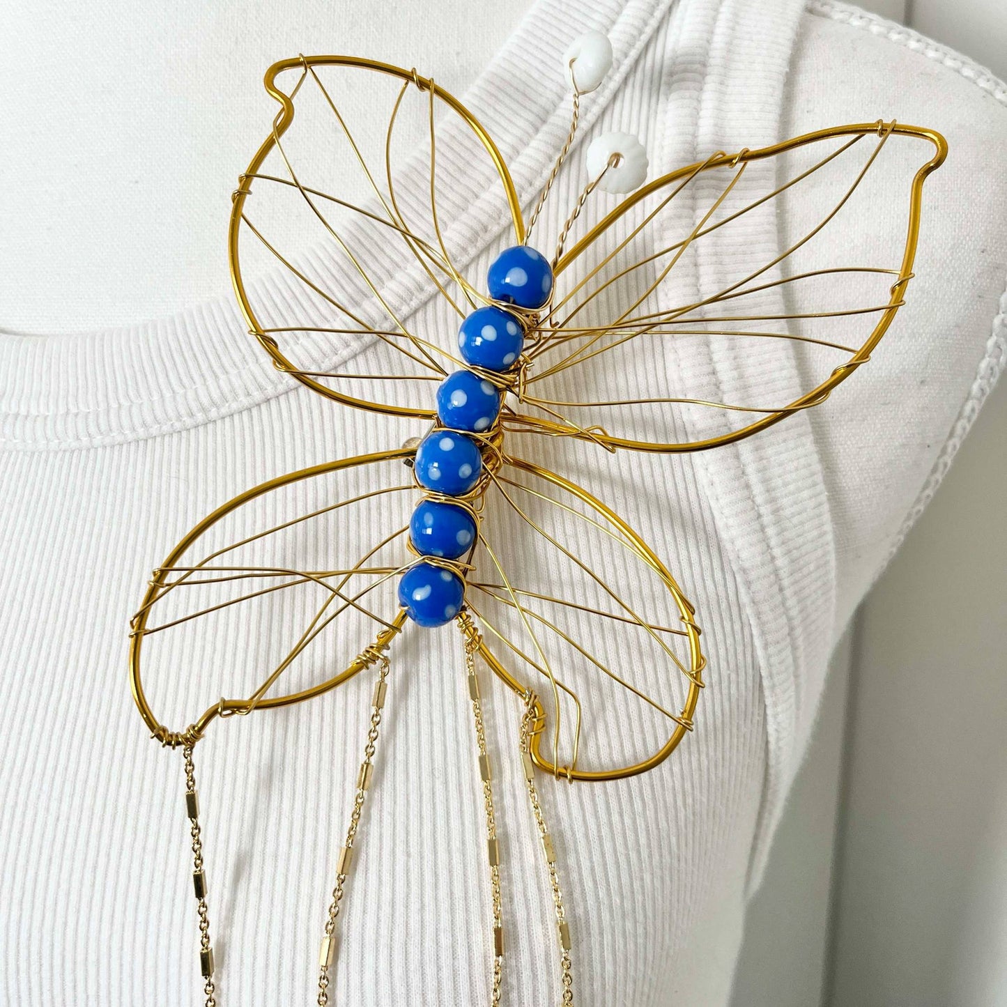 Handmade Oversized Butterfly Brooch, One-of-a-Kind w/ Vintage Beads & Gold Chain