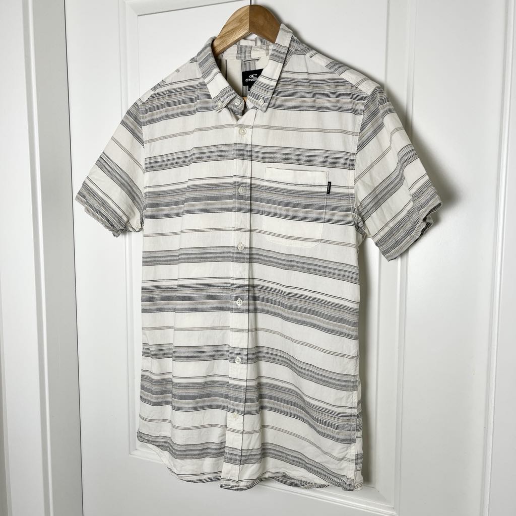 O'Neill Striped Button Up Casual Short Sleeve Shirt Beige Gray Neutrals, Medium