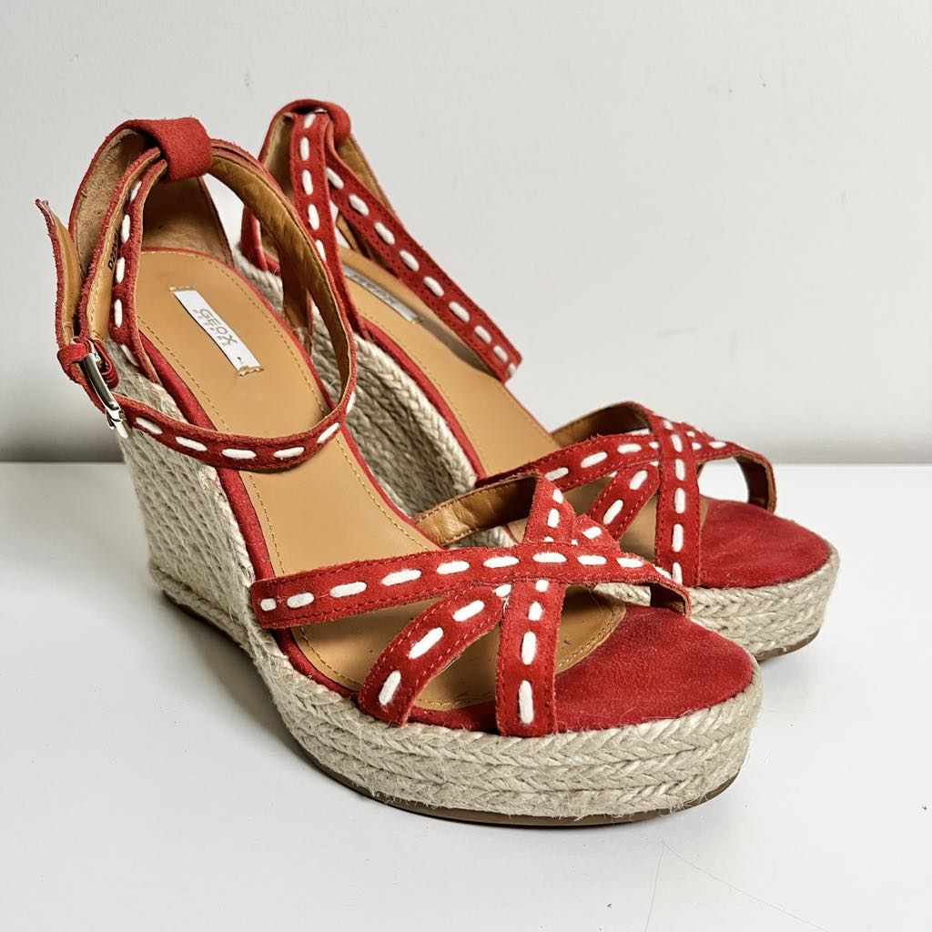 Geox Respira Strappy Suede Red Espadrilles Wedge Heels, EU 39.5