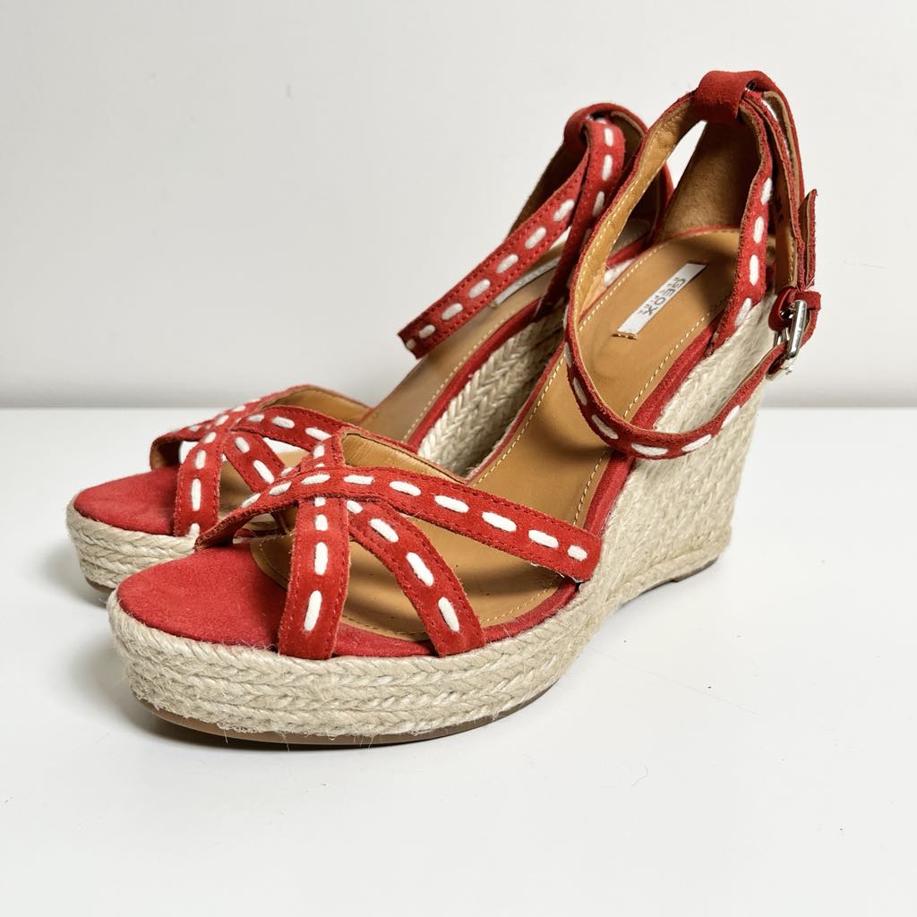 Geox Respira Strappy Suede Red Espadrilles Wedge Heels, EU 39.5