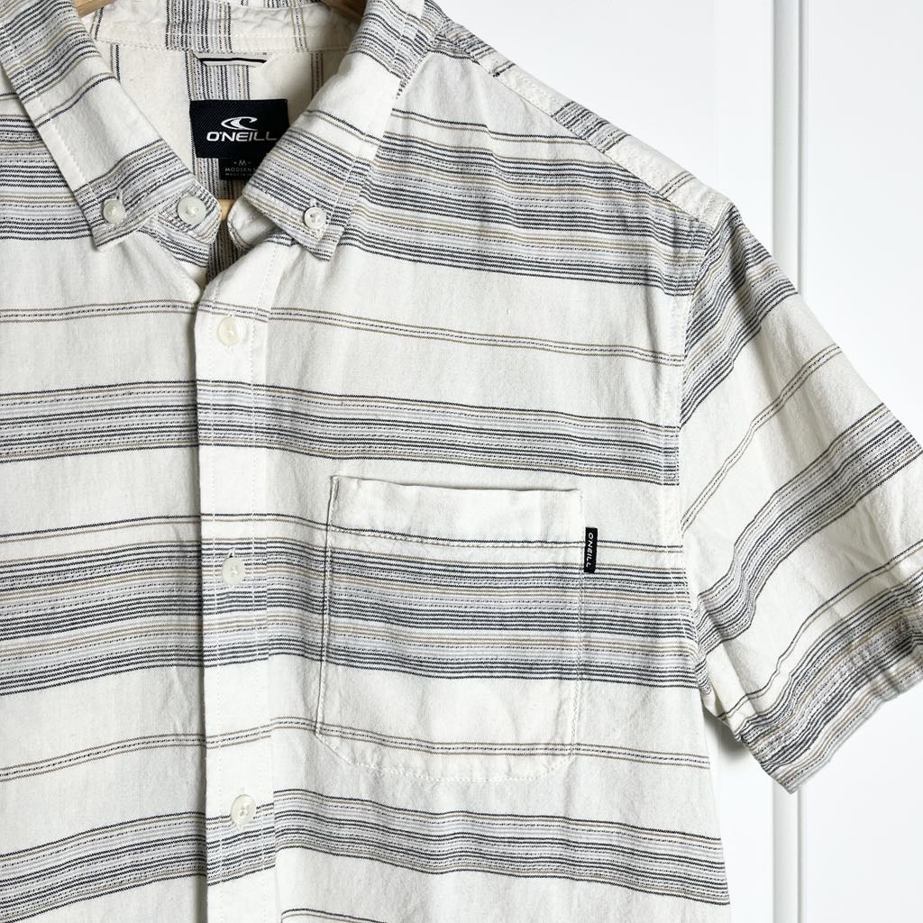 O'Neill Striped Button Up Casual Short Sleeve Shirt Beige Gray Neutrals, Medium