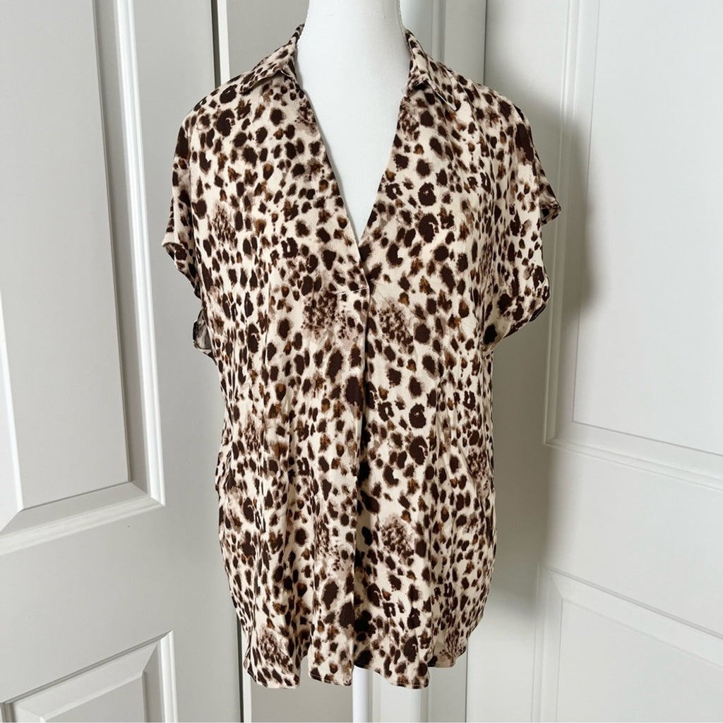 H by Halston Animal Print V-neck Collared Blouse-Brown and Cream-Women Medium