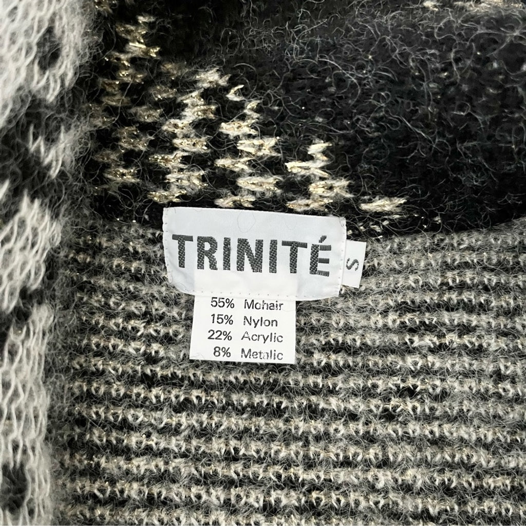 Eclectic Oversized Mohair Cozy Fall Cardigan Coat Abstract Pattern-Gray Black