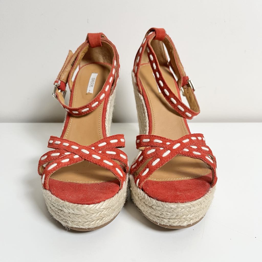 Geox Respira Strappy Suede Red Espadrilles Wedge Heels, EU 39.5