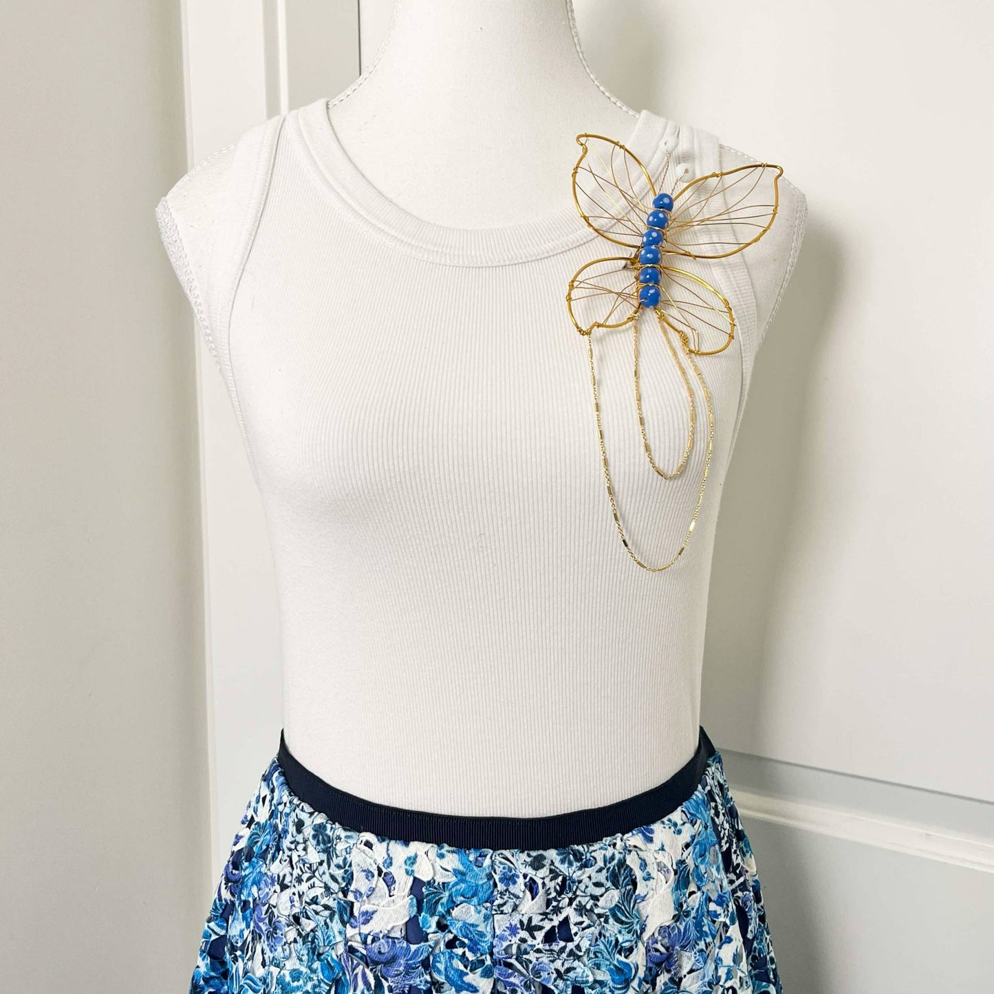 Handmade Oversized Butterfly Brooch, One-of-a-Kind w/ Vintage Beads & Gold Chain