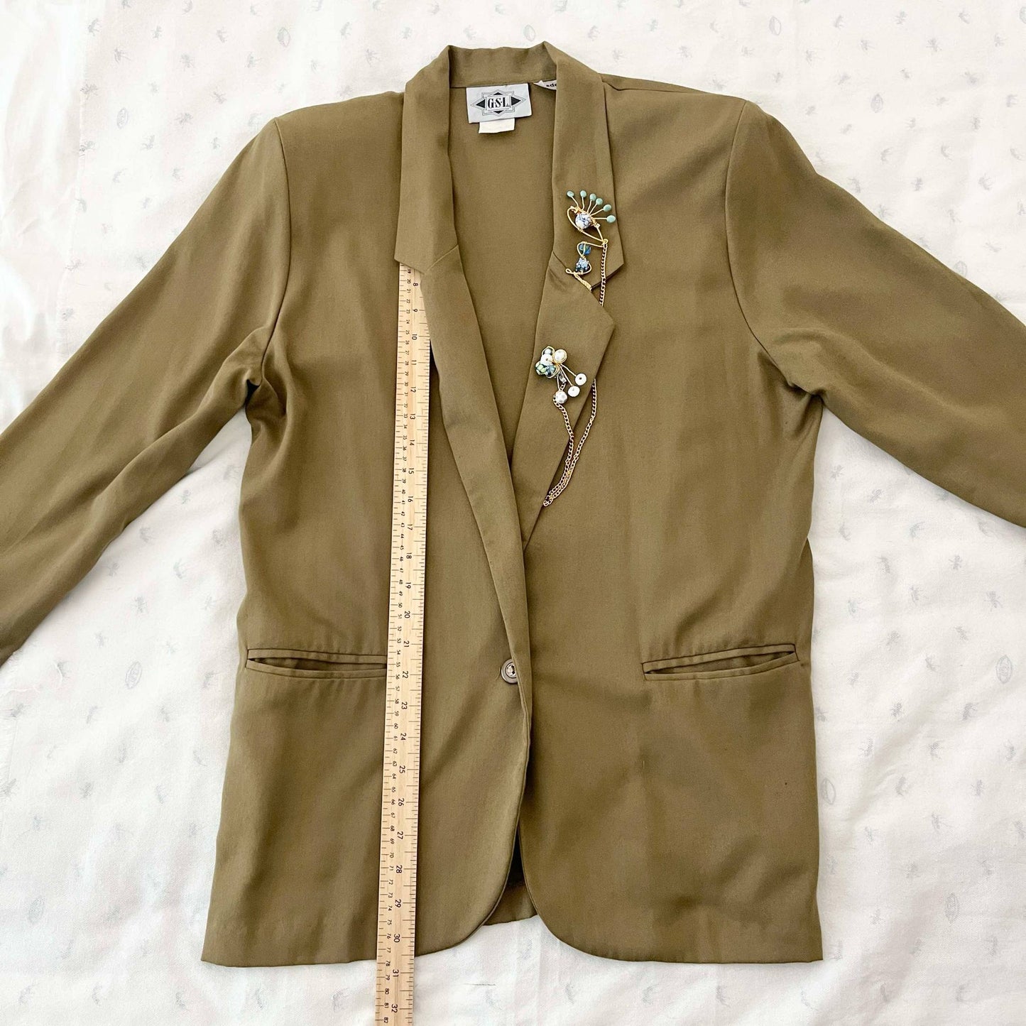 Vintage Lightweight Blazer with Handmade Duette Brooch Set - Olive - Large