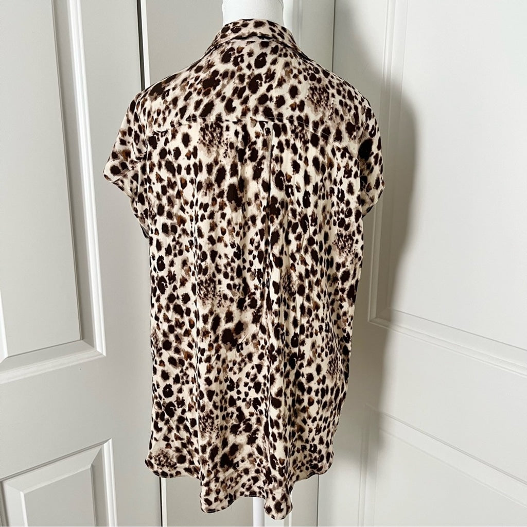 H by Halston Animal Print V-neck Collared Blouse-Brown and Cream-Women Medium