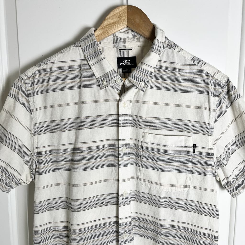 O'Neill Striped Button Up Casual Short Sleeve Shirt Beige Gray Neutrals, Medium
