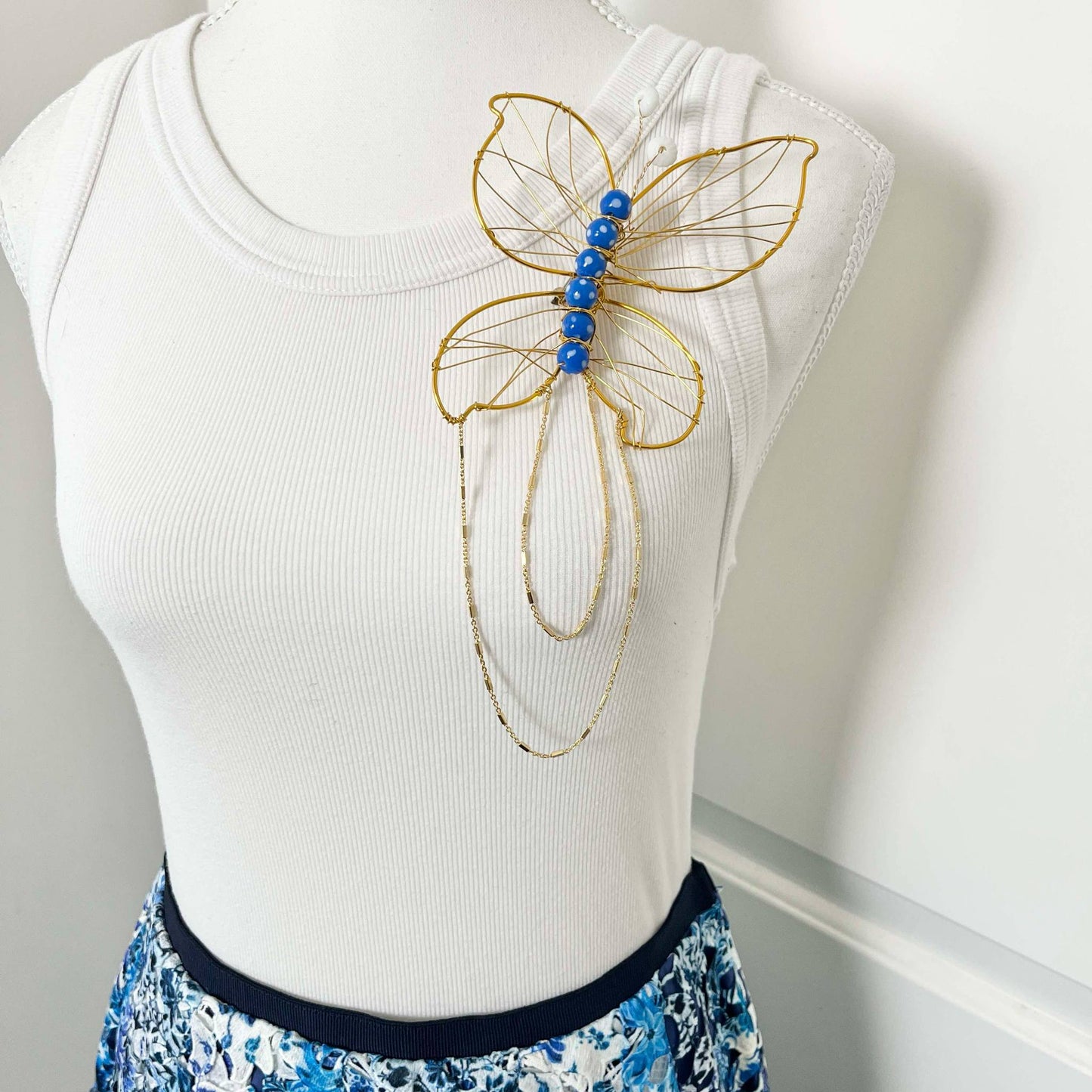 Handmade Oversized Butterfly Brooch, One-of-a-Kind w/ Vintage Beads & Gold Chain