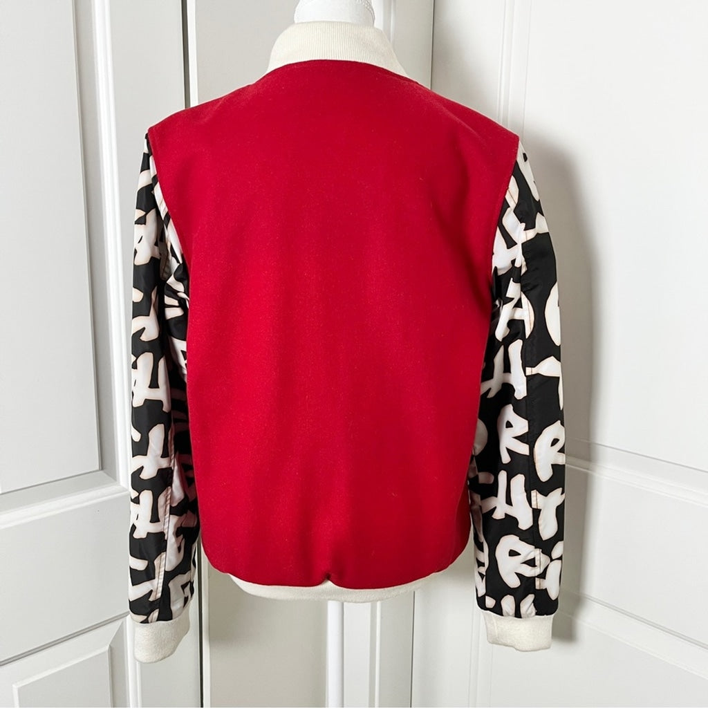 Joyrich Wool Blend Varsity Letterman Bomber Jacket - Red Graffiti Style Unisex M