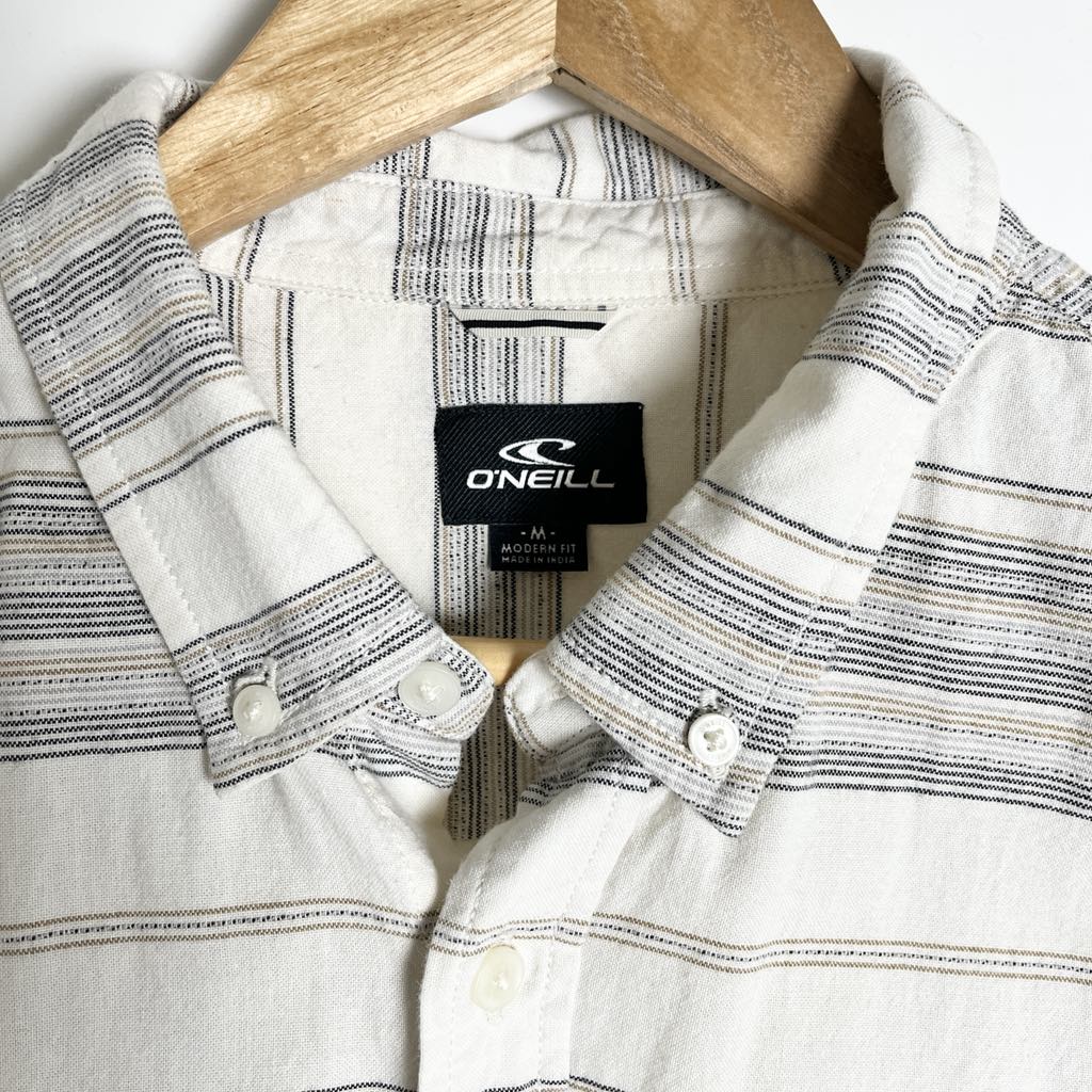 O'Neill Striped Button Up Casual Short Sleeve Shirt Beige Gray Neutrals, Medium