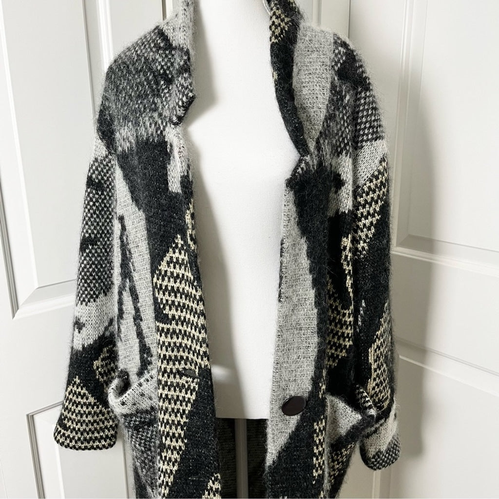 Eclectic Oversized Mohair Cozy Fall Cardigan Coat Abstract Pattern-Gray Black