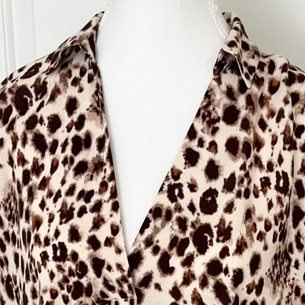 H by Halston Animal Print V-neck Collared Blouse-Brown and Cream-Women Medium
