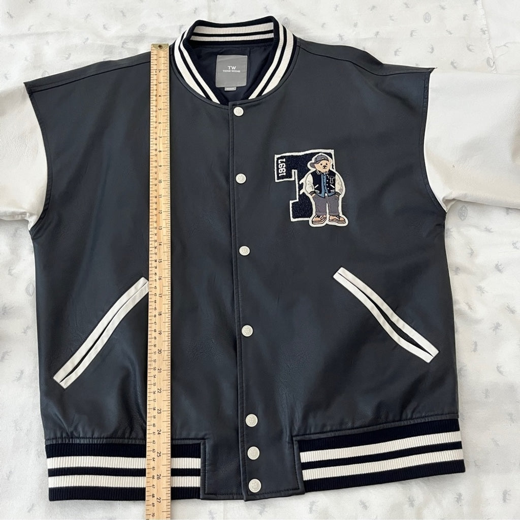 Vintage Y2k Teenie Weenie Vegan Leather Varsity Letterman Jacket-Navy-Size Large