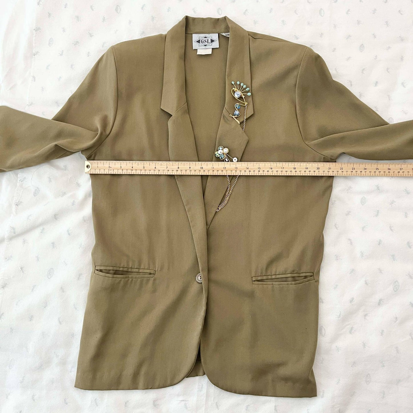 Vintage Lightweight Blazer with Handmade Duette Brooch Set - Olive - Large