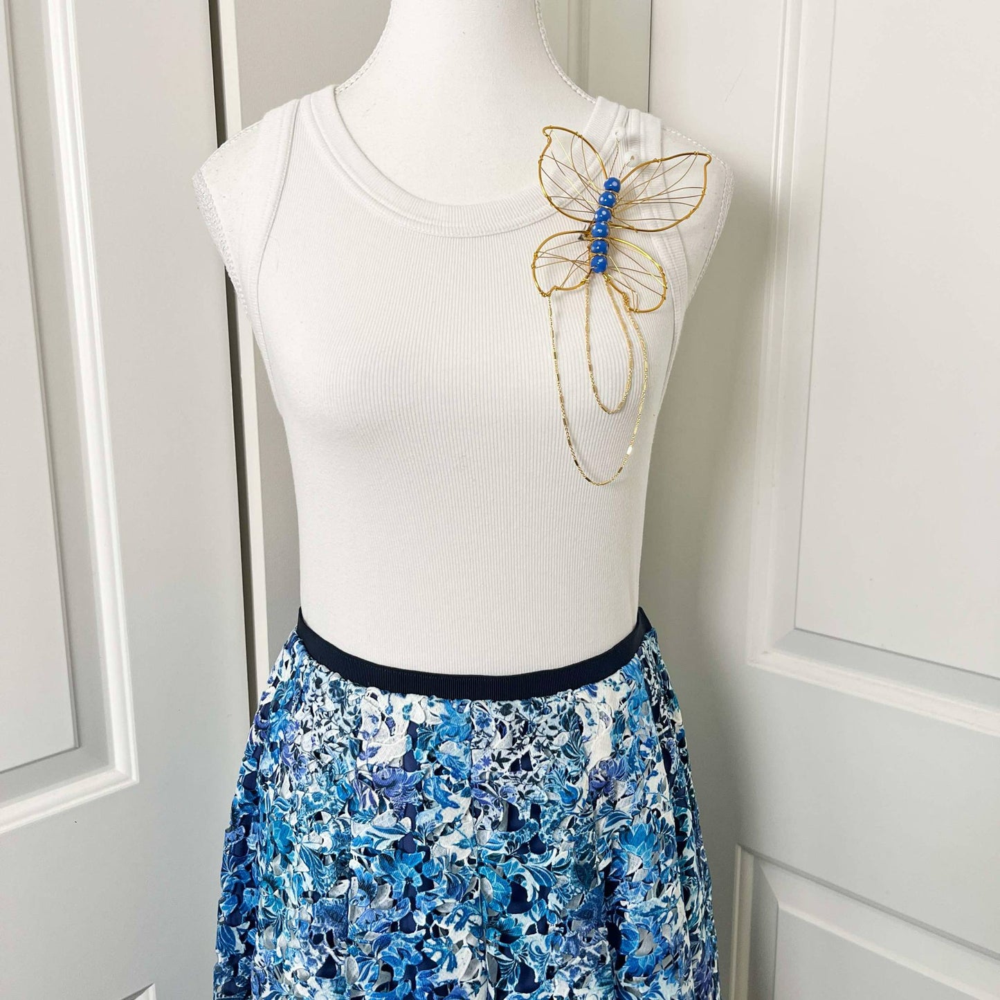 Handmade Oversized Butterfly Brooch, One-of-a-Kind w/ Vintage Beads & Gold Chain