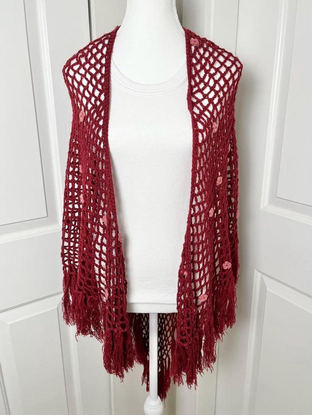 Vintage 90s Betsey Johnson Wool Blend Burgundy Bohemian Crochet Shawl with Crochet Pink Flowers - One Size / Free Size