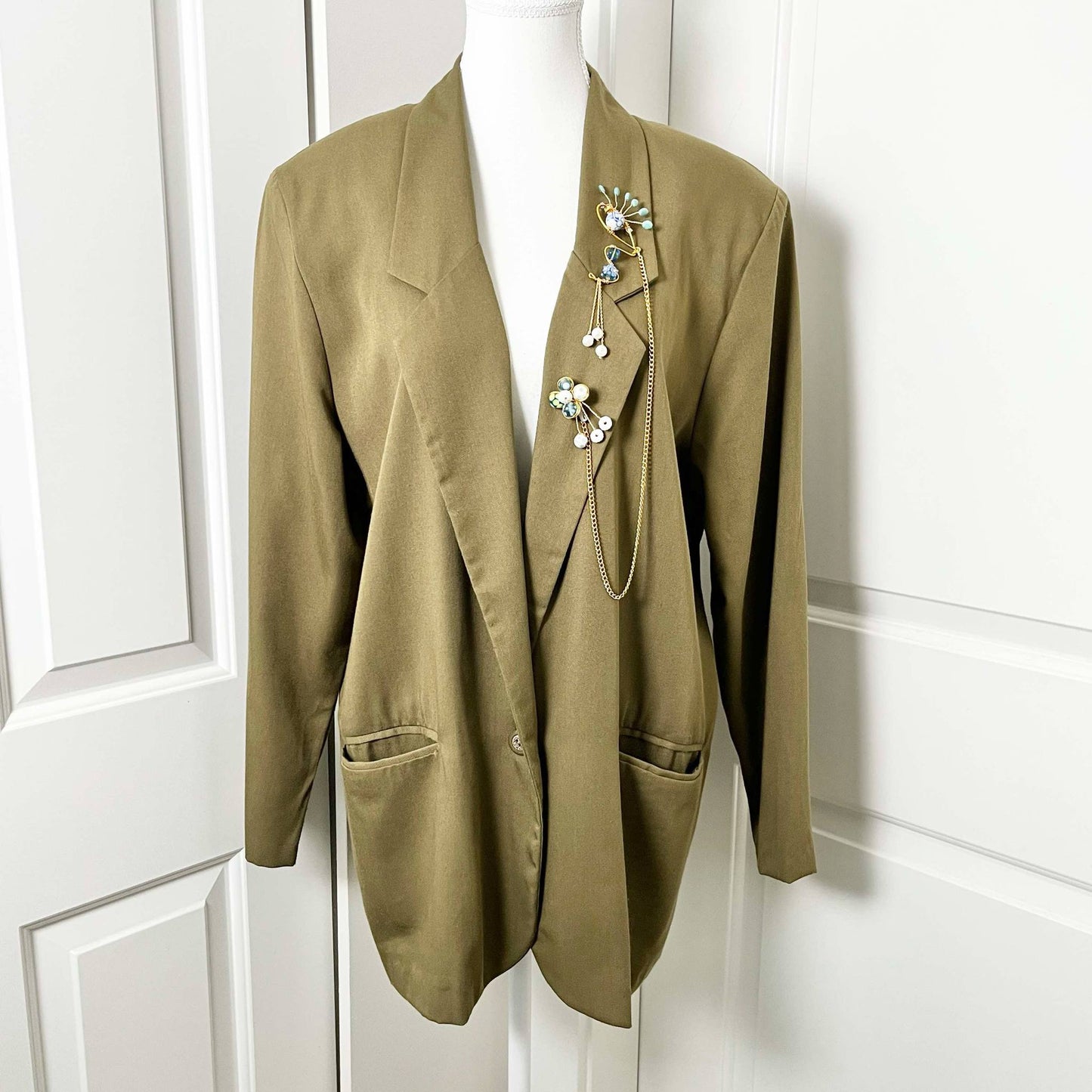 Vintage Lightweight Blazer with Handmade Duette Brooch Set - Olive - Large