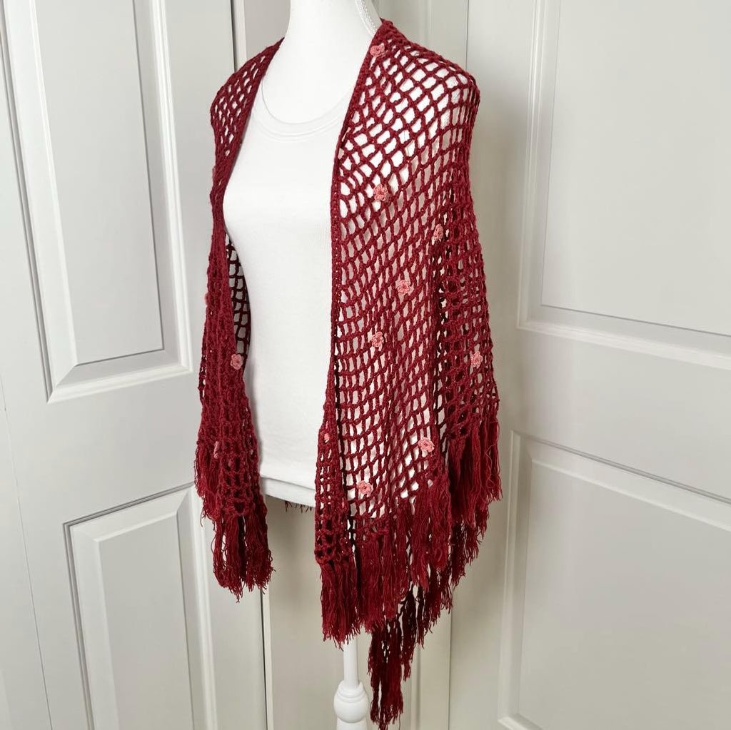 Vintage 90s Betsey Johnson Wool Blend Burgundy Bohemian Crochet Shawl with Crochet Pink Flowers - One Size / Free Size