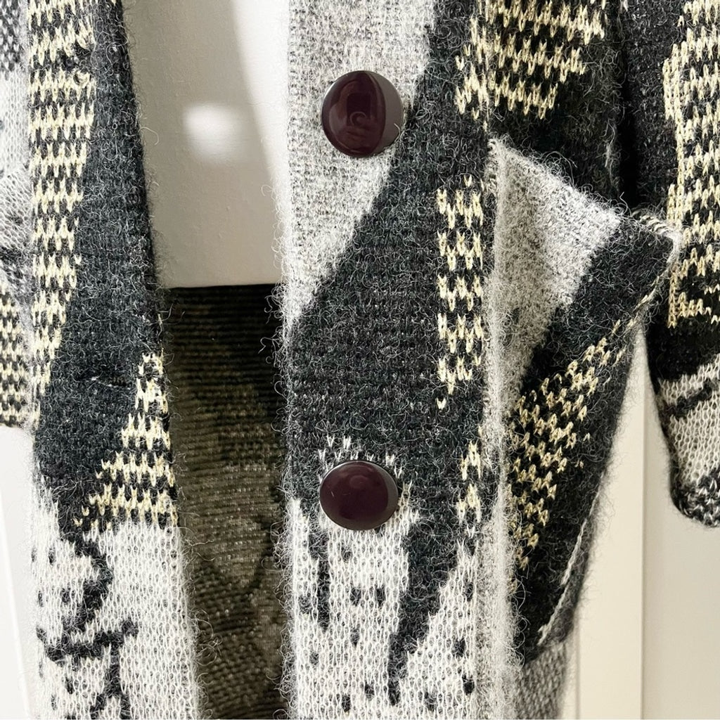 Eclectic Oversized Mohair Cozy Fall Cardigan Coat Abstract Pattern-Gray Black