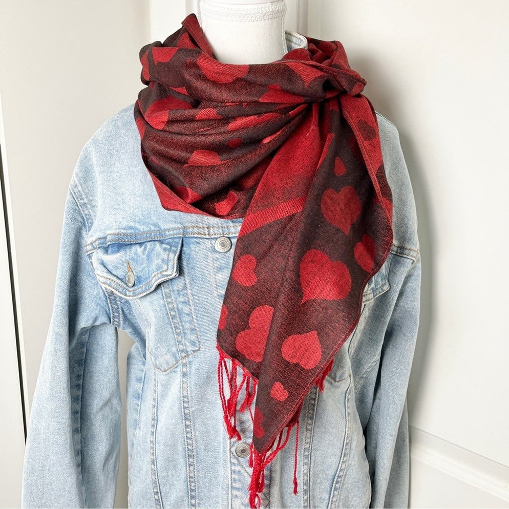 Versatile Heart Print Red Scarf/Shawl - Style with Love - One Size