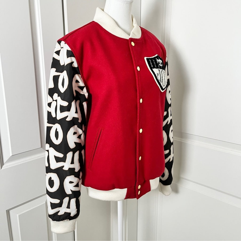 Joyrich Wool Blend Varsity Letterman Bomber Jacket - Red Graffiti Style Unisex M