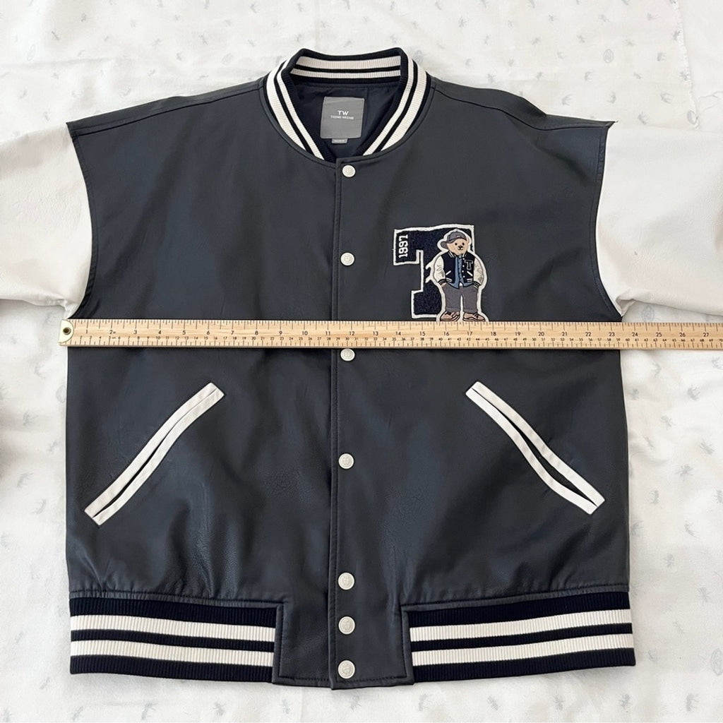 Vintage Y2k Teenie Weenie Vegan Leather Varsity Letterman Jacket-Navy-Size Large