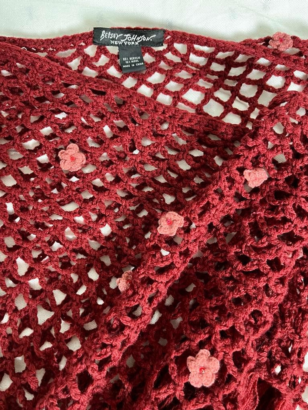 Vintage 90s Betsey Johnson Wool Blend Burgundy Bohemian Crochet Shawl with Crochet Pink Flowers - One Size / Free Size