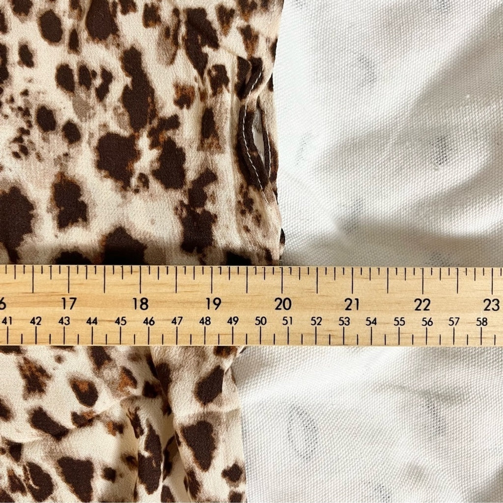 H by Halston Animal Print V-neck Collared Blouse-Brown and Cream-Women Medium
