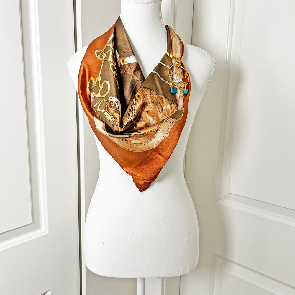 Vintage Rich Brown Equestrian Scarf and Convertible Dreamcatcher Gemstone Necklace Set