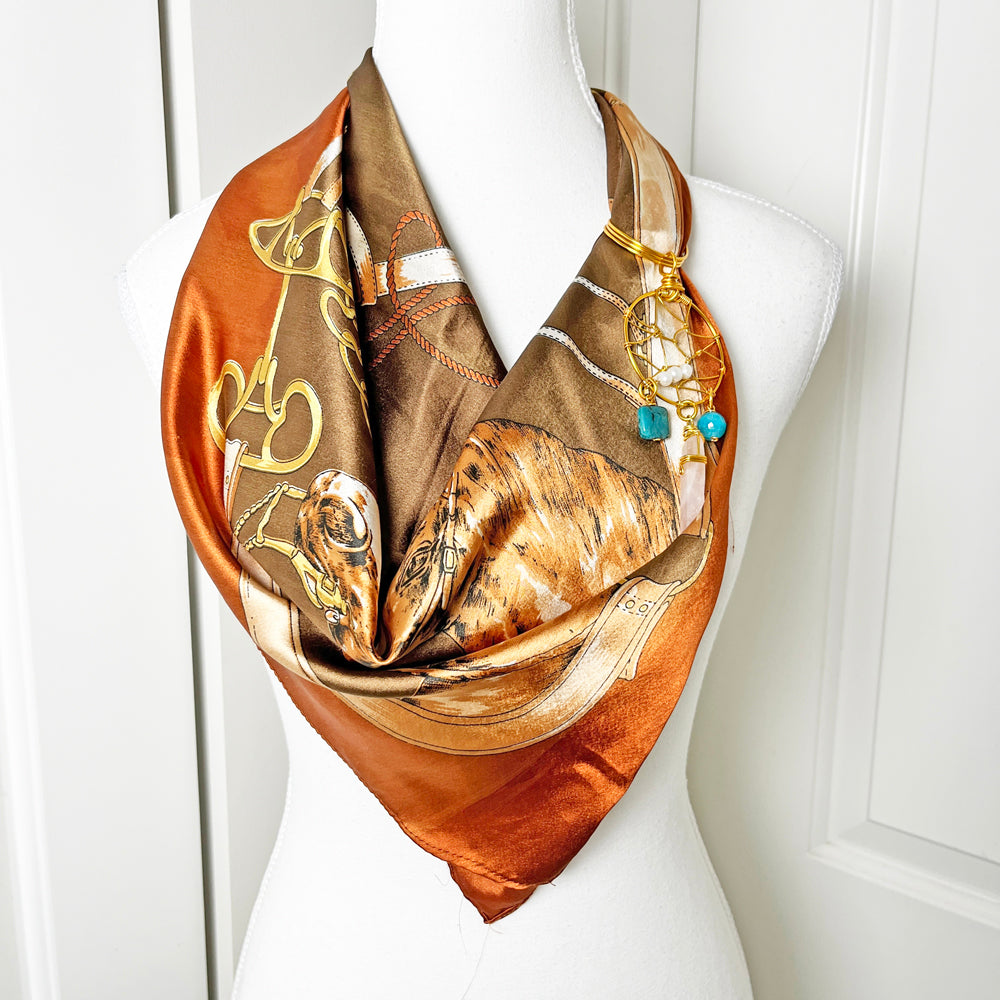 Vintage Rich Brown Equestrian Scarf and Convertible Dreamcatcher Gemstone Necklace Set