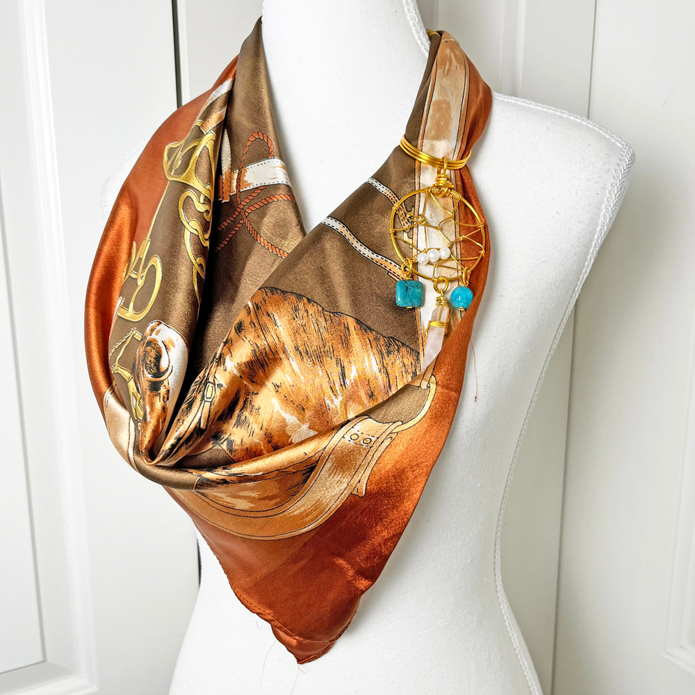 Vintage Rich Brown Equestrian Scarf and Convertible Dreamcatcher Gemstone Necklace Set