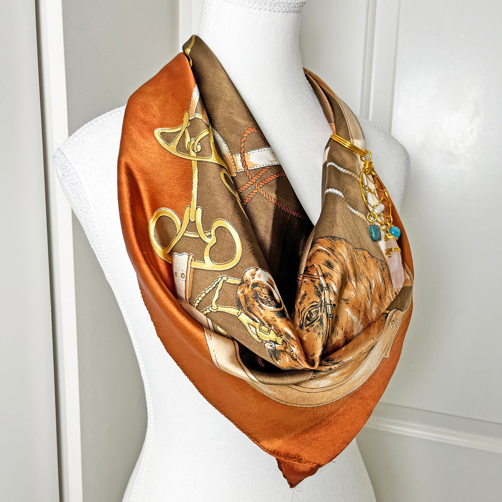 Vintage Rich Brown Equestrian Scarf and Convertible Dreamcatcher Gemstone Necklace Set