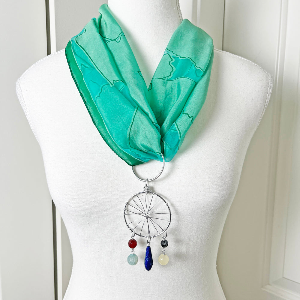 Green Sheer Scarf Kerchief with Convertible Dreamcatcher Gemstone Necklace Set