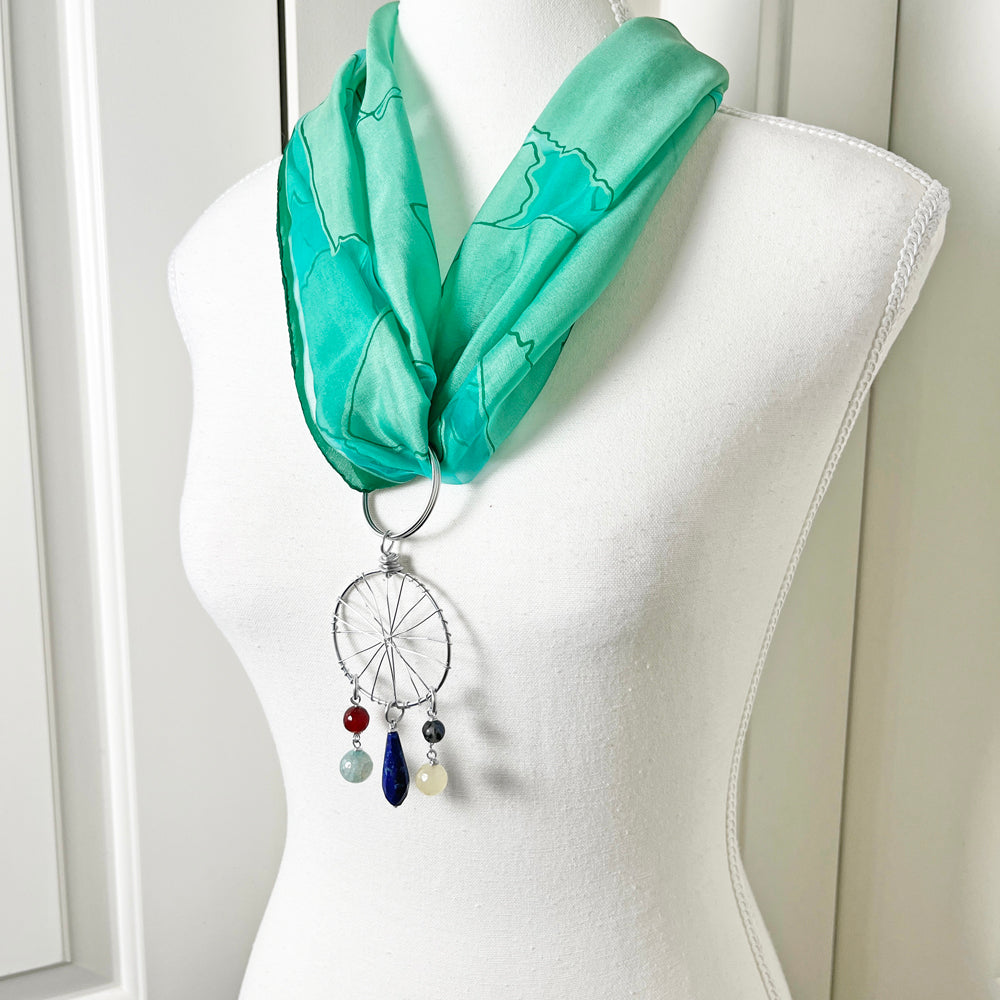 Green Sheer Scarf Kerchief with Convertible Dreamcatcher Gemstone Necklace Set