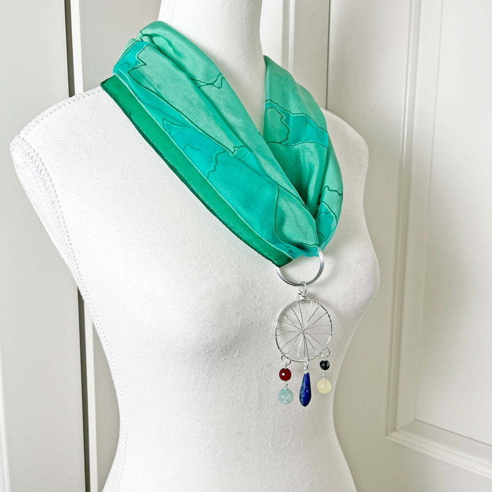 Green Sheer Scarf Kerchief with Convertible Dreamcatcher Gemstone Necklace Set