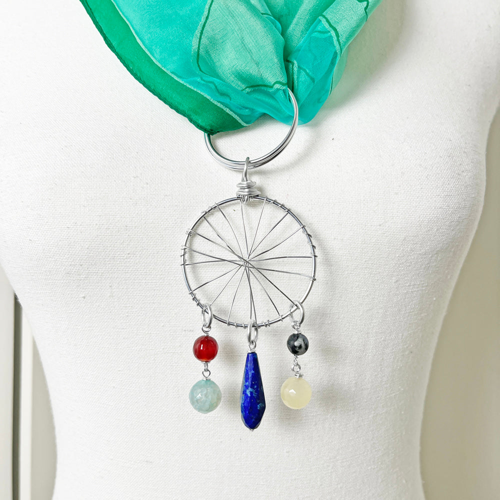 Green Sheer Scarf Kerchief with Convertible Dreamcatcher Gemstone Necklace Set