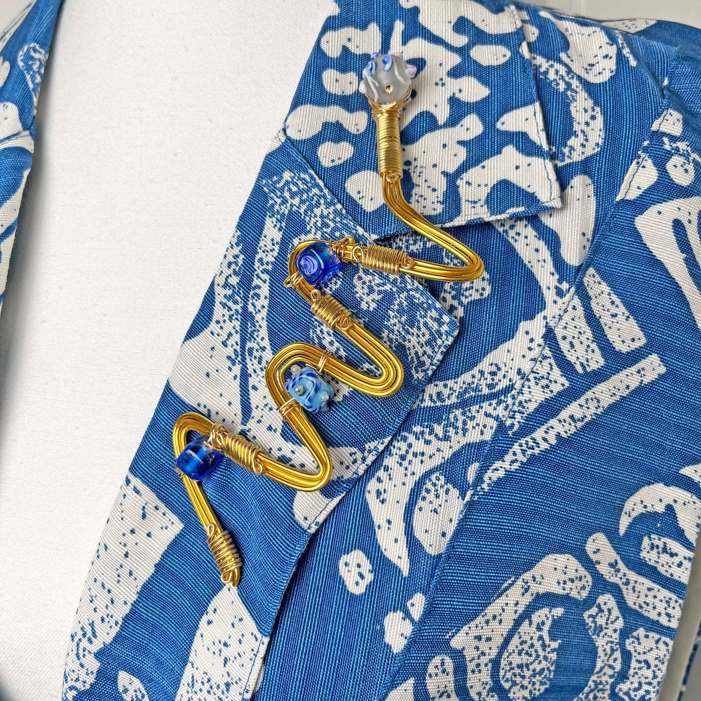 Blue Abstract Print Vest with Custom Zigzag Brooch Set - Women's Medium