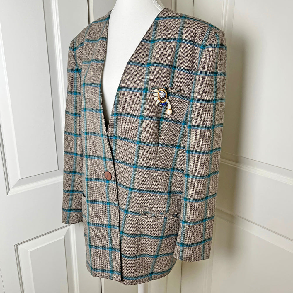 Vintage Oversized Grid Pattern Wool Blazer with Handmade Brooch, Women's Large