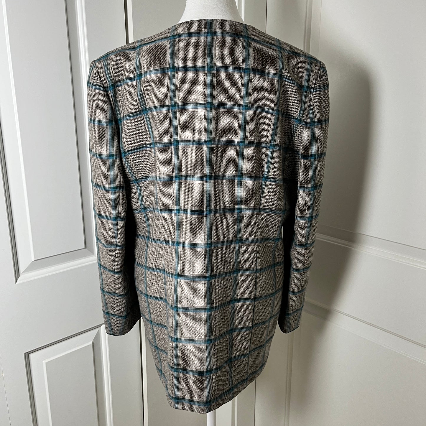 Vintage Oversized Grid Pattern Wool Blazer with Handmade Brooch, Women's Large
