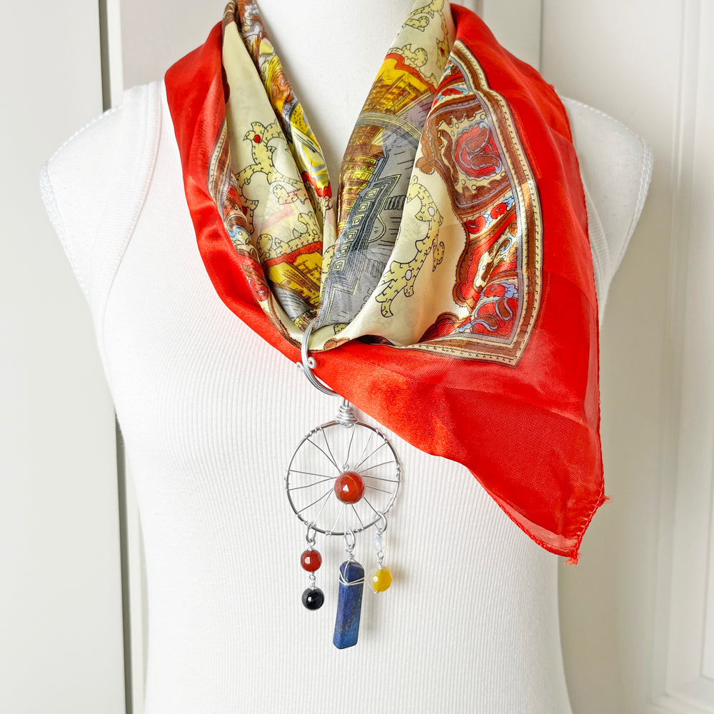 Vintage Silky Rome Scarf with Convertible Gemstone Dreamcatcher Pendant Necklace Set