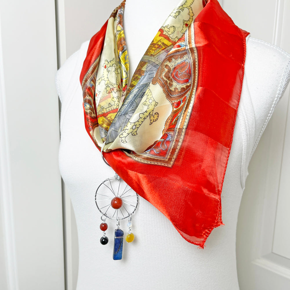 Vintage Silky Rome Scarf with Convertible Gemstone Dreamcatcher Pendant Necklace Set
