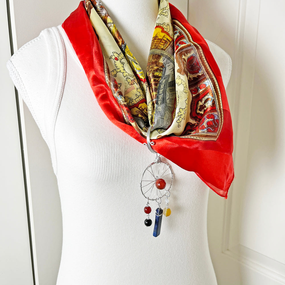 Vintage Silky Rome Scarf with Convertible Gemstone Dreamcatcher Pendant Necklace Set